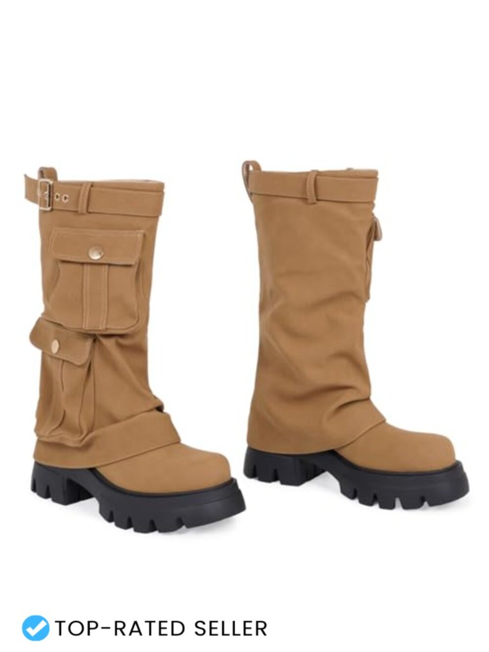 Faux Leather Mid-Calf Cargo Boots Chunky Sole Buckle